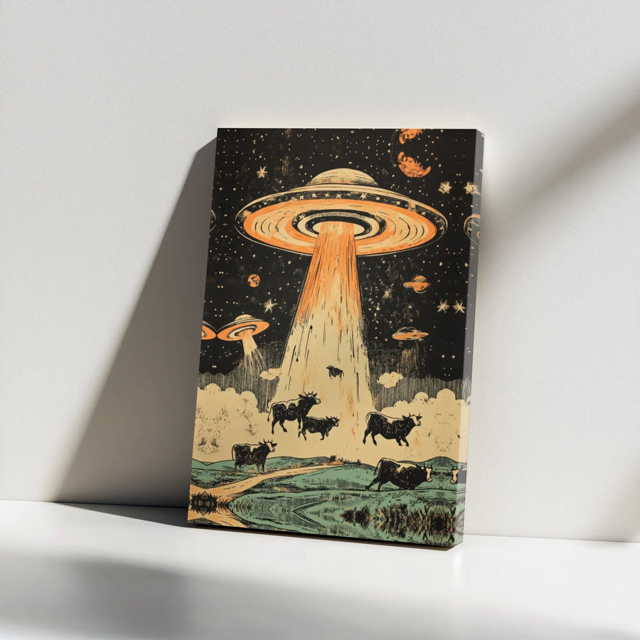 UFO Alien Abduction Canvas Art | Retro Cow Abduction Wall Decor | 1.25 Inch Gallery Wrap Premium Print | Funny Sci-Fi Gift for Space Enthusiasts