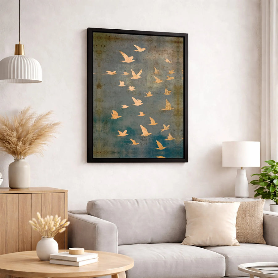 Golden Birds Wall Art | Flock of Birds Canvas Print | Premium Rustic Blue Home Decor | Abstract Nature Gallery Wrap Gift