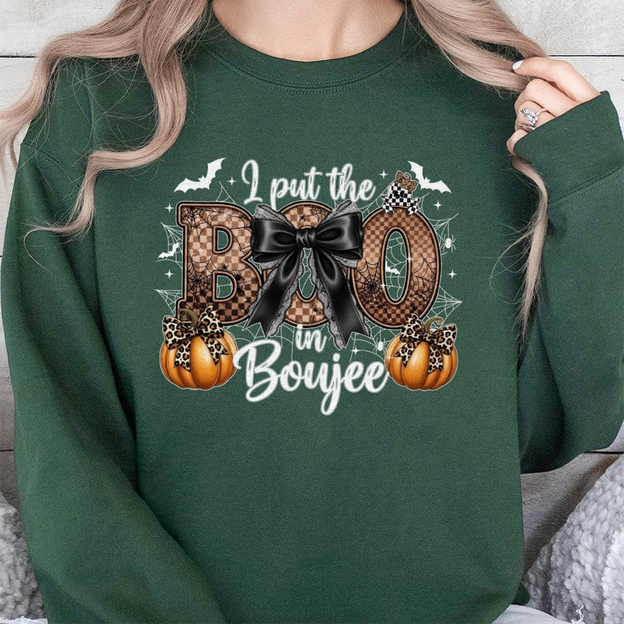 I Put The Boo In Boujee Sweatshirt | Trendy Leopard Pumpkin Halloween Graphic | Premium Cotton Blend | Funny Spooky Season Gift For Women
