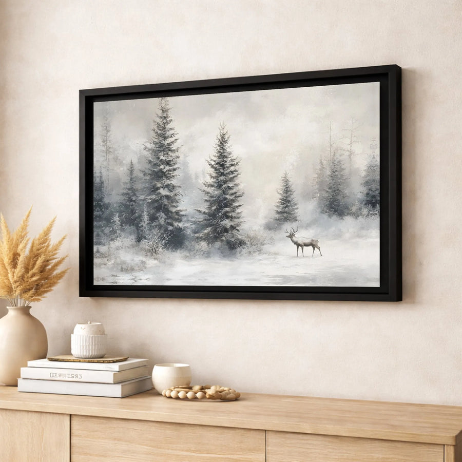 Winter Forest Wall Art | Snowy Deer Landscape Canvas Print | Premium Gallery Wrapped Decor | Modern Nature Gift for Home and Office