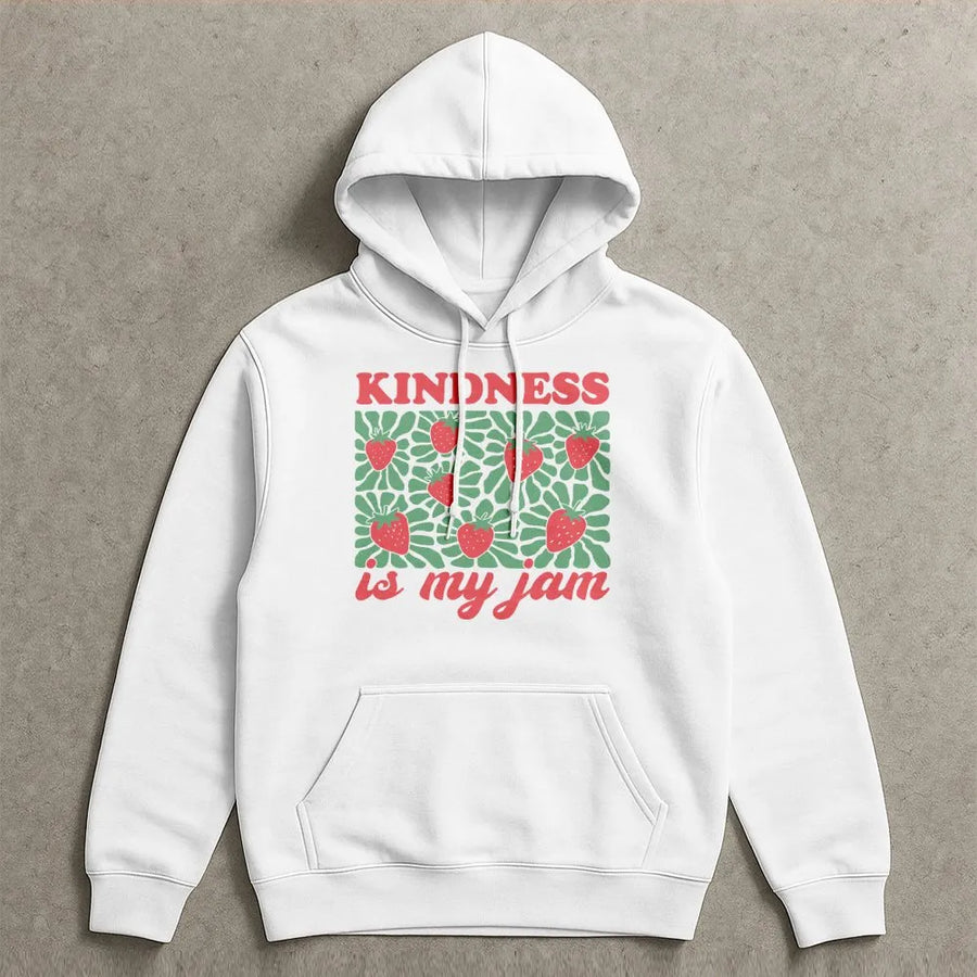 Kindness Is My Jam Hoodie | Retro Strawberry Graphic Print | Soft Cotton-Poly Blend | Positive Teacher Gift Sweatshirt