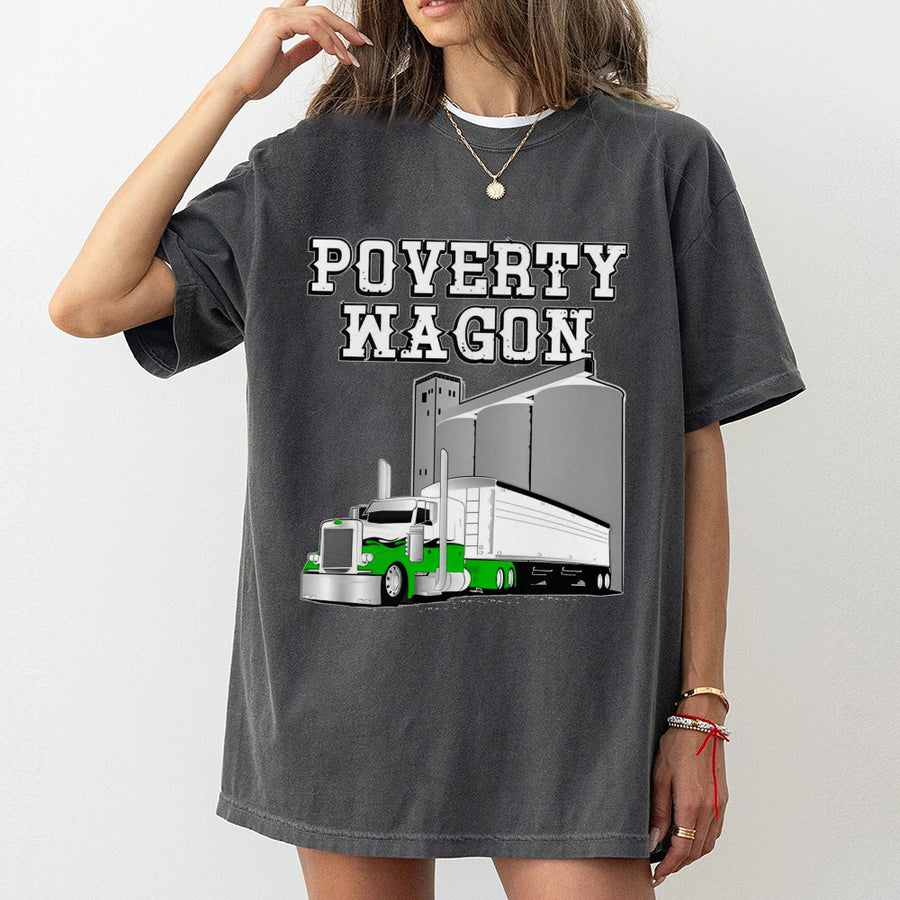 Poverty Wagon Trucker T-Shirt | Hopper Bottom Semi Truck Graphic | 100% Cotton Premium Tee | Gift for Truck Drivers and Farmers