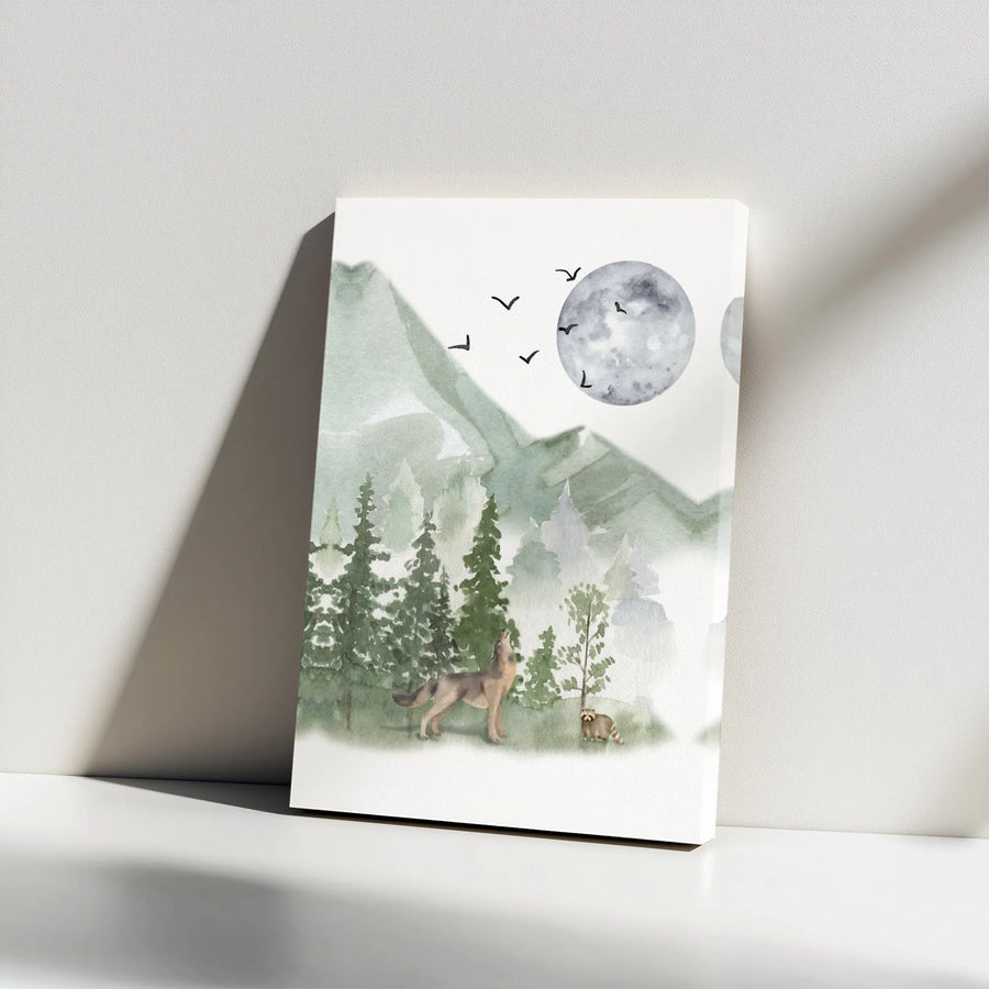 Wolf Howling At Moon Canvas Art | Watercolor Forest Mountain Landscape | Gallery Wrap Premium Wall Decor | Nature Lover Gift Idea