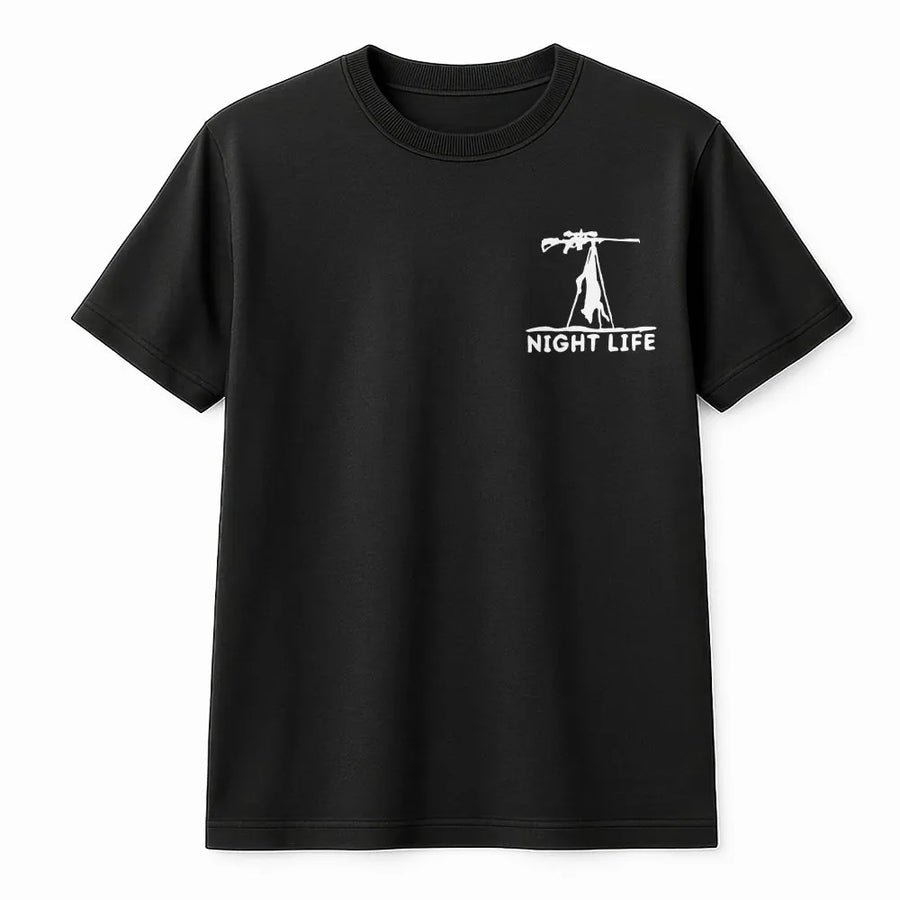 Night Life Hunting T-Shirt | Minimalist Sniper Rifle Graphic | Cozy Unisex Pullover | Gift for Hunter and Marksman
