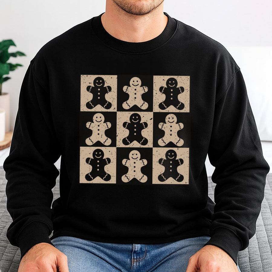 Gingerbread Man Sweatshirt | Retro Checkerboard Holiday Print | Soft Cotton-Blend Crewneck | Cute Christmas Gift For Her Or Him