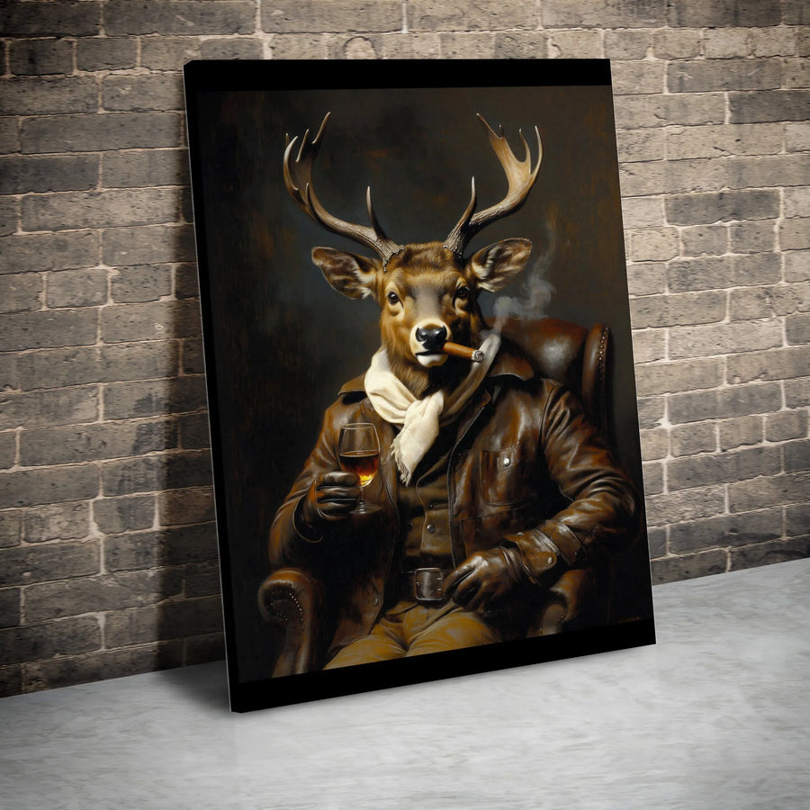 Gentleman Deer Smoking Cigar Wall Art | Anthropomorphic Whiskey Portrait | Premium Gallery Canvas | Masculine Office Decor Gift