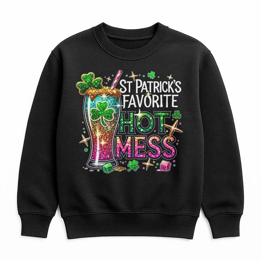 St. Patrick's Favorite Hot Mess Sweatshirt | Glitter Shamrock Drink Graphic | Unisex Premium Cotton Blend | Funny Irish Holiday Gift for Her