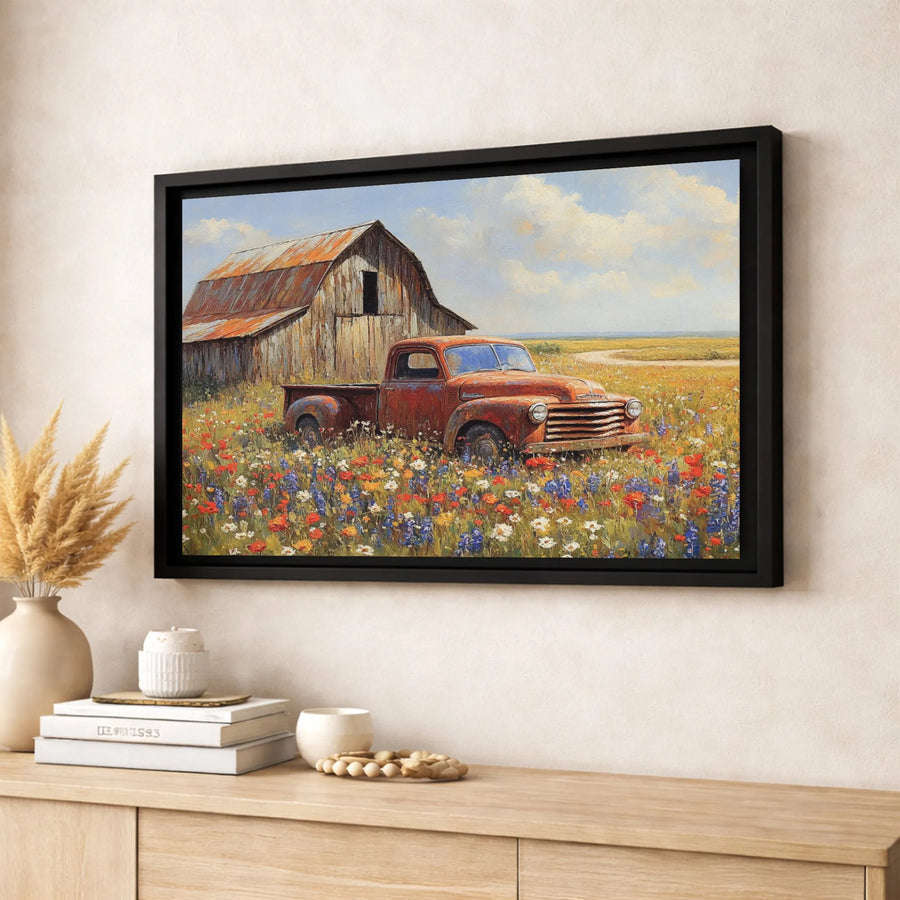 Rustic Red Truck Canvas Wall Art | Vintage Farmhouse Wildflower Meadow Decor | Premium Gallery Wrap Print | Farmhouse Living Room Decor Gift