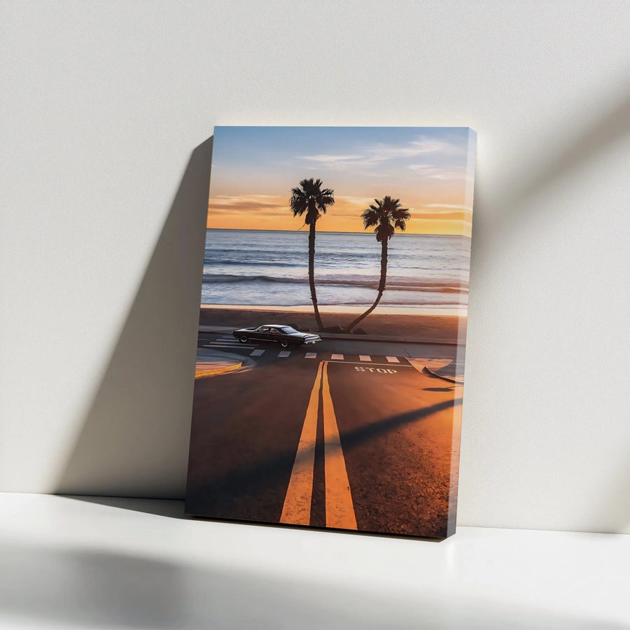 Vintage Car California Canvas Wall Art | Coastal Drive Photography with Palm Trees | Premium 1.25” Thick Canvas | Man Cave Decor Gift for Car Enthusiast