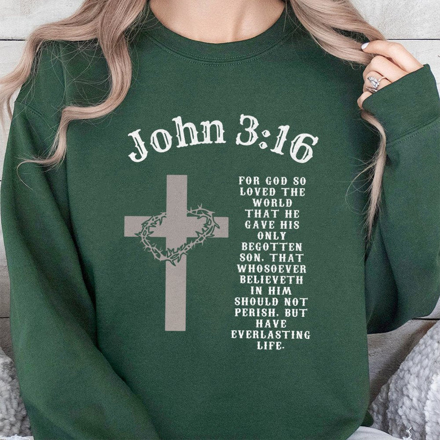 John 3:16 Sweatshirt | Scripture Cross & Crown of Thorns Design | Premium Cotton-Blend | Religious Gift for Men and Women