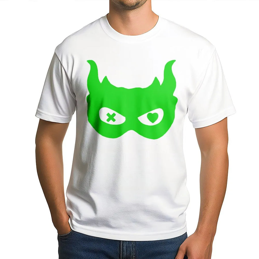 Devil Mask Graphic Tee | Heart and X Eyes Neon Print | Soft Cotton T-Shirt | Unique Unisex Streetwear Gift