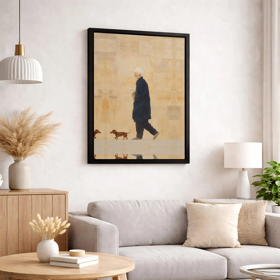 Old Man With Dachshunds Wall Art | Vintage Style Watercolor Painting Print | Premium Gallery Wrap Canvas | Gift For Dog Lovers & Art Collectors