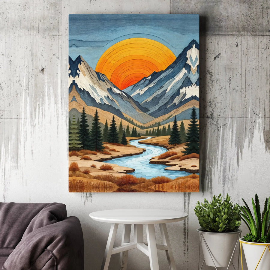 Mountain Sunset Canvas Print | Modern Woodcut Style River Valley Art | Premium Gallery Canvas | Rustic Cabin Wall Decor Gift