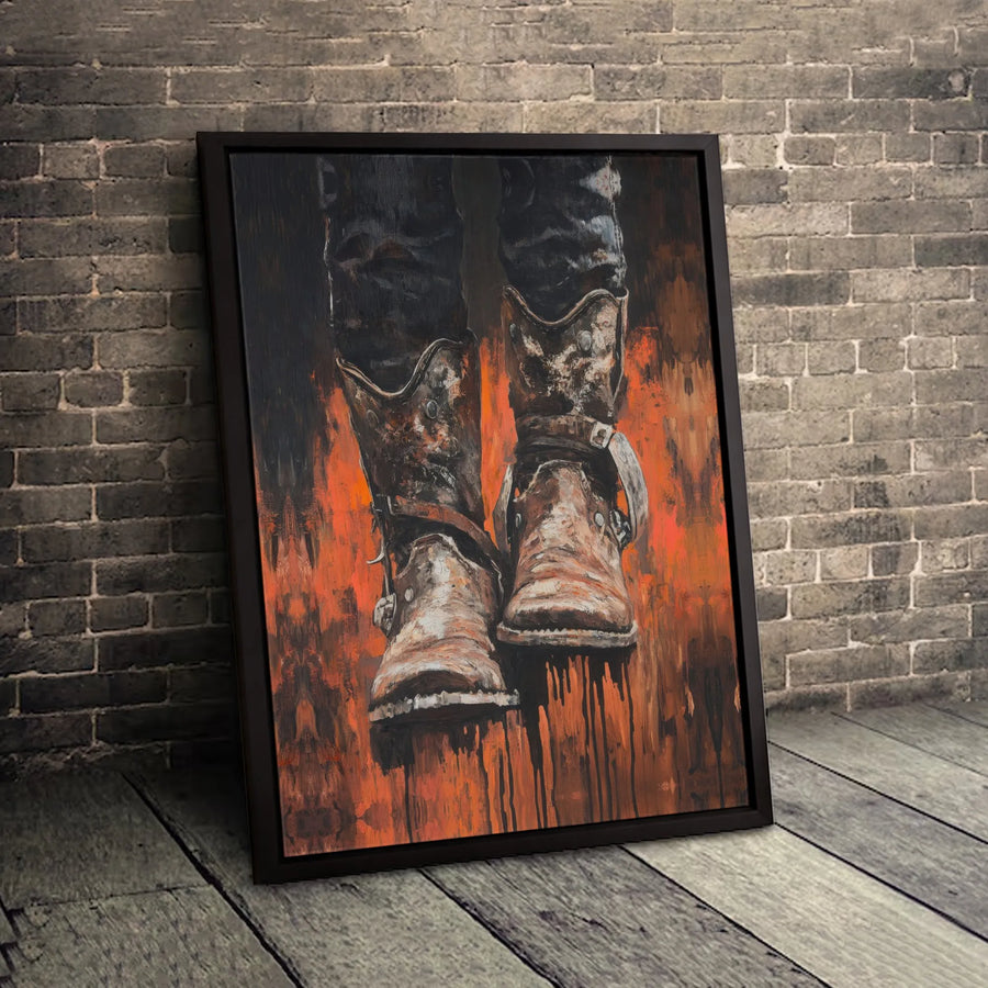 Western Cowboy Boots Canvas Wall Art | Rustic Abstract Painting with Spurs | Premium Gallery Wrap Print | Southwestern Decor for Home or Office