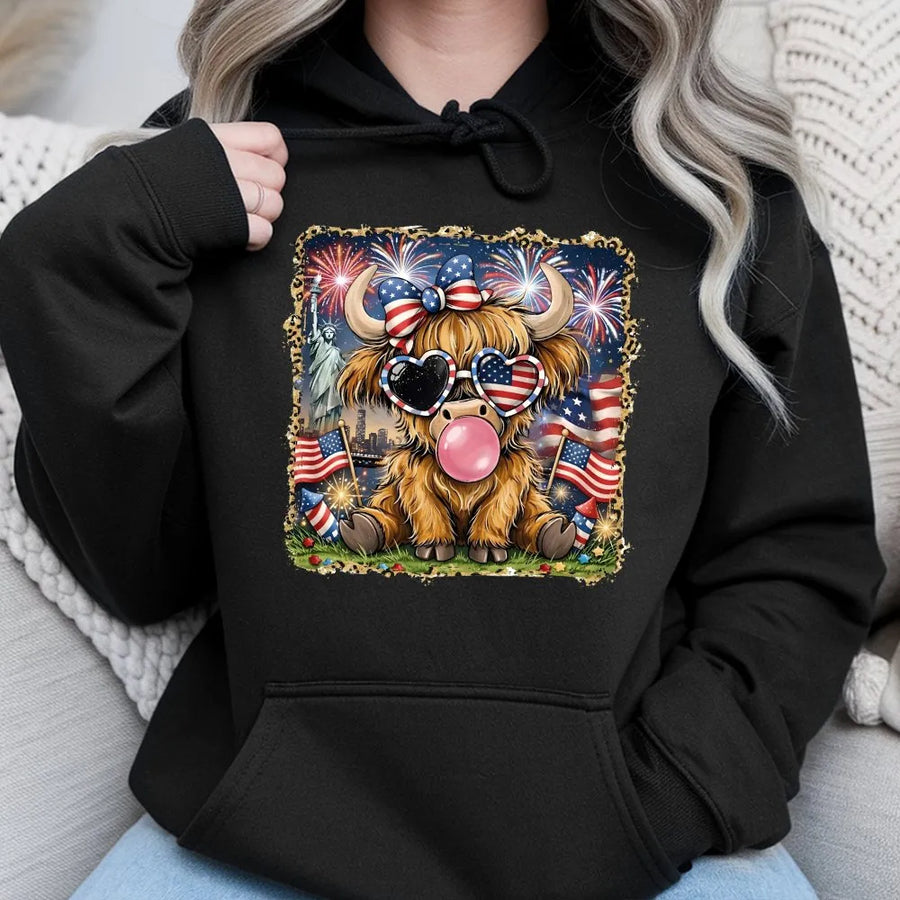 4th of July Highland Cow Hoodie | Patriotic American Flag & Leopard Print Graphic | Soft Cotton Blend | Western USA Outfit Gift for Women