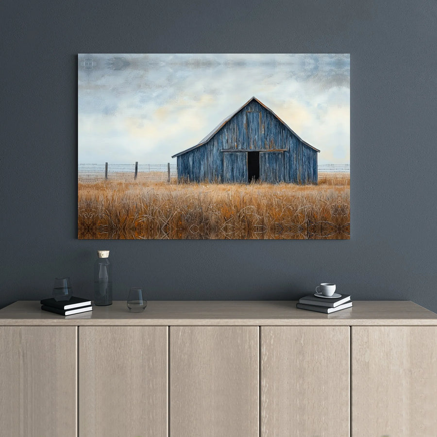 Rustic Blue Barn Canvas Wall Art | Country Farmhouse Landscape Print | 1.25-Inch Gallery Wrap | Farmhouse Decor Gift for Home Office