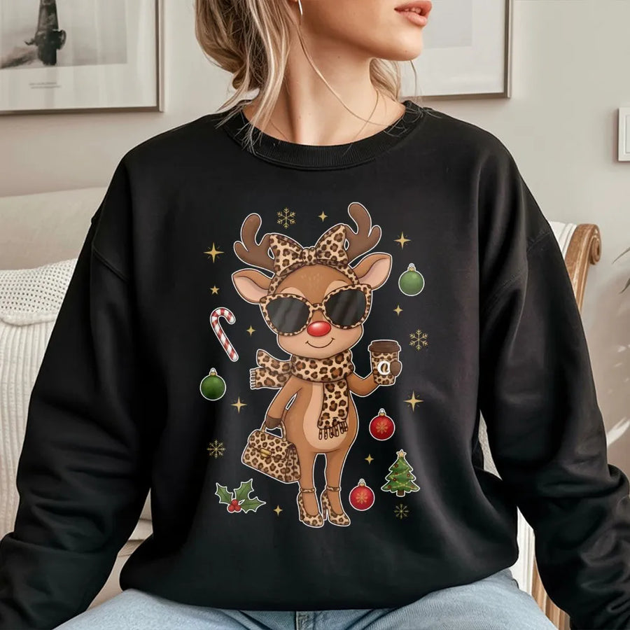 Boujee Reindeer Sweatshirt | Leopard Print Christmas Deer Design | Premium Cozy Unisex Pullover | Cute Holiday Gift for Women