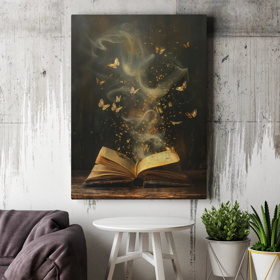 Magical Book Canvas Print | Enchanted Butterflies and Golden Dust Art | Premium Gallery Wrap Decor | Fantasy Gift for Book Lovers