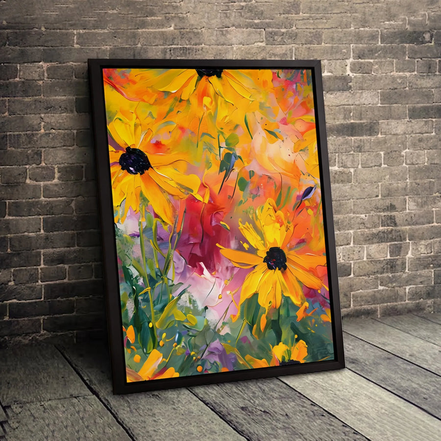 Black-Eyed Susan Canvas Wall Art | Abstract Floral Impasto Painting | Premium Fade-Resistant Print | Vibrant Modern Home Decor Gift