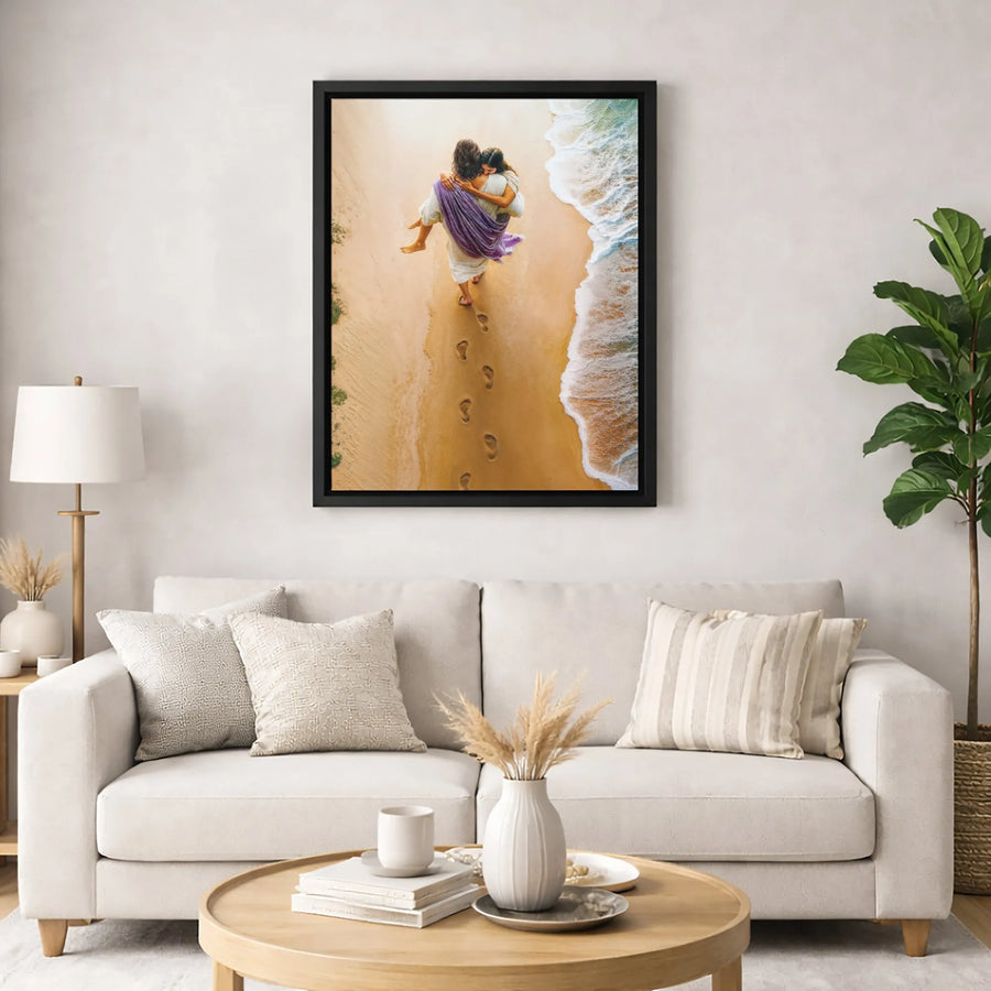 Jesus Carrying Person Canvas Print | Footprints in the Sand Christian Art | Premium Gallery Wrapped Wall Decor | Meaningful Religious Gift for Believers