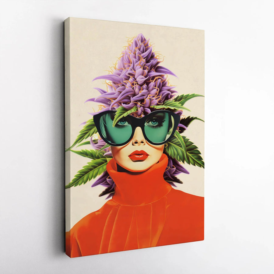 Cannabis Woman Vertical Canvas | Retro Pop Art Illustration | Premium Thick Gallery Wrap | Unique Stoner Gift & Dispensary Wall Decor