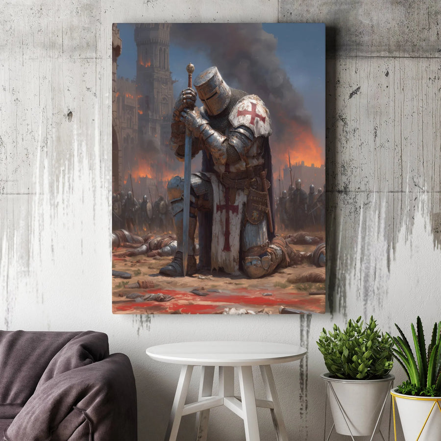 Knights Templar Wall Art | Kneeling Crusader Medieval Battle Scene | Premium Gallery Wrapped Canvas | Historical Art Gift for Men