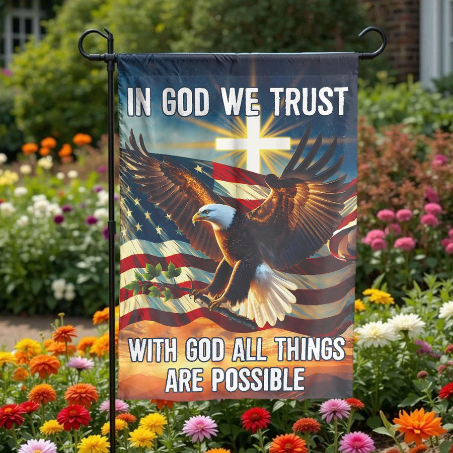 In God We Trust Garden Flag | Patriotic Eagle & Cross Design | Premium Fade-Resistant Polyester | Faith-Based Religious Outdoor Yard Decor Gift