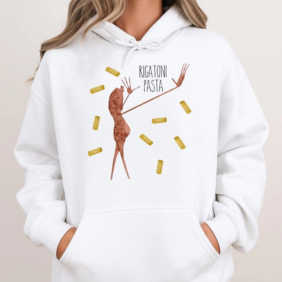 Rigatoni Pasta Worm Hoodie | Funny Food Meme Graphic Sweatshirt | Premium Cotton Blend | Gift For Foodies And Gen Z Humor Fans