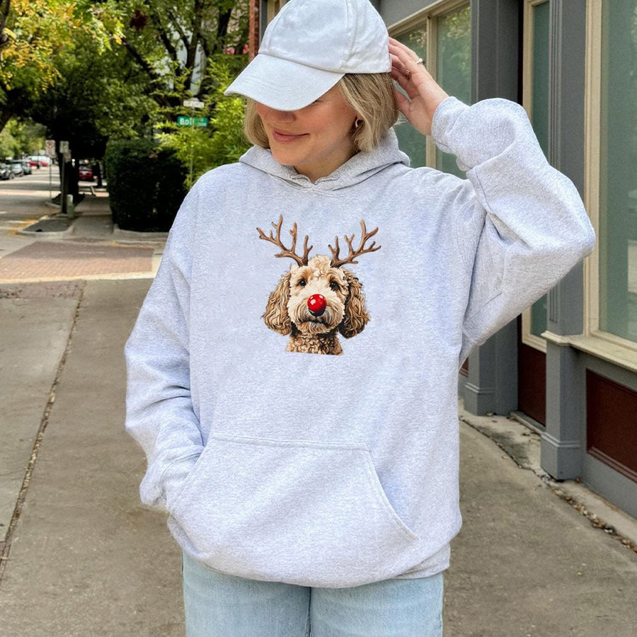 Christmas Goldendoodle Hoodie | Reindeer Antlers & Red Nose Graphic | Cotton-Poly Blend Premium Soft | Holiday Gift for Doodle Mom & Dog Lovers