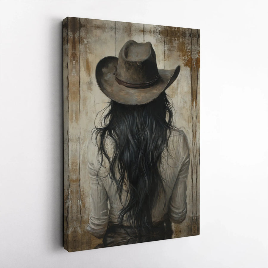 Western Cowgirl Vertical Canvas | Rustic Country Woman in Cowboy Hat Painting | Premium 1.25 Inch Gallery Wrap | Modern Southwest Home Decor Gift