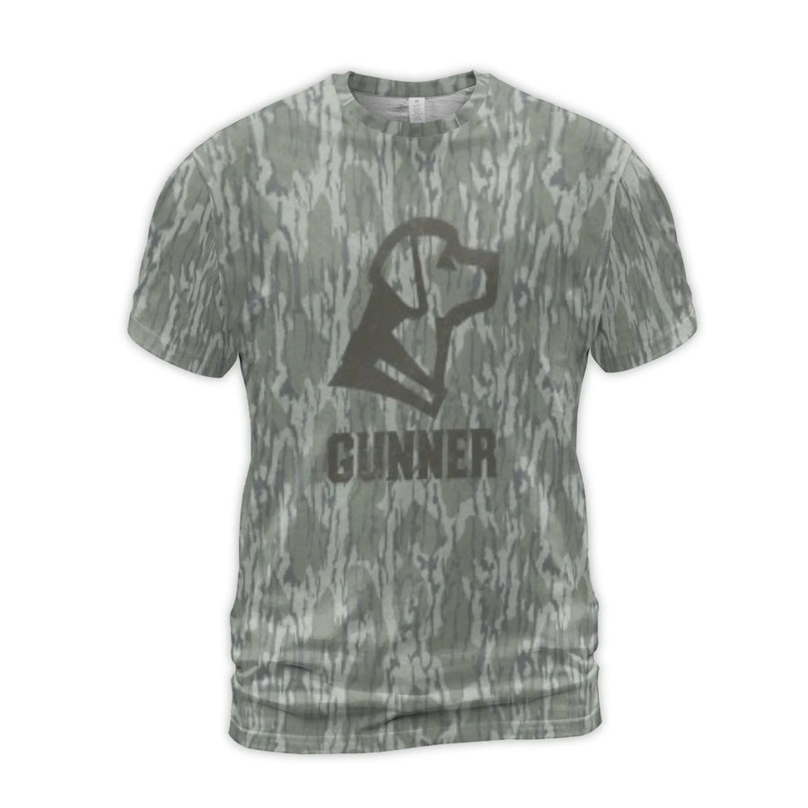 Gunner Dog T-Shirt | Camo Print Graphic Short Sleeve Tee | Premium Polyester Spandex Blend | Gift for Hunting Enthusiasts and Dog Lovers