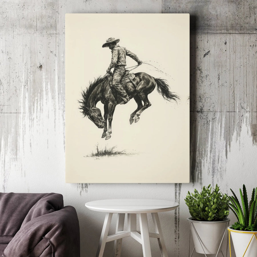 Western Cowboy Canvas Wall Art | Bucking Bronco Sketch | Premium Gallery Wrap Print | Rustic Farmhouse Decor for Men’s Office or Living Room