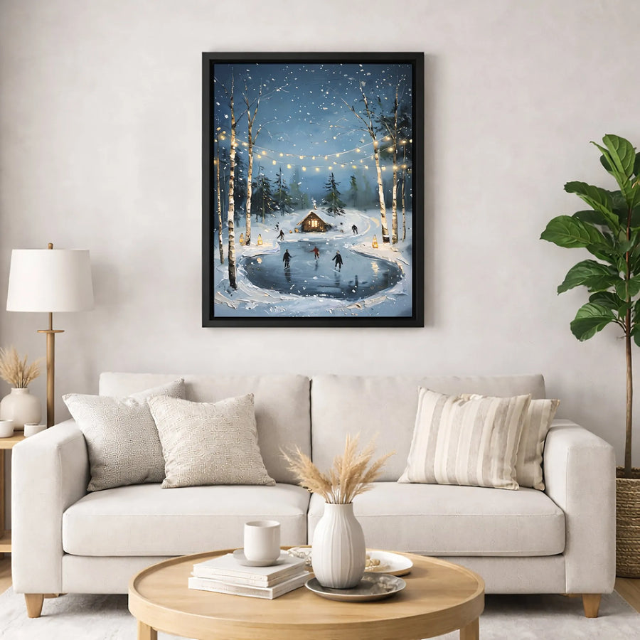 Winter Ice Skating Wall Art | Snowy Forest Cabin with String Lights | Premium Gallery Wrapped Canvas | Cozy Holiday Home Decor Gift