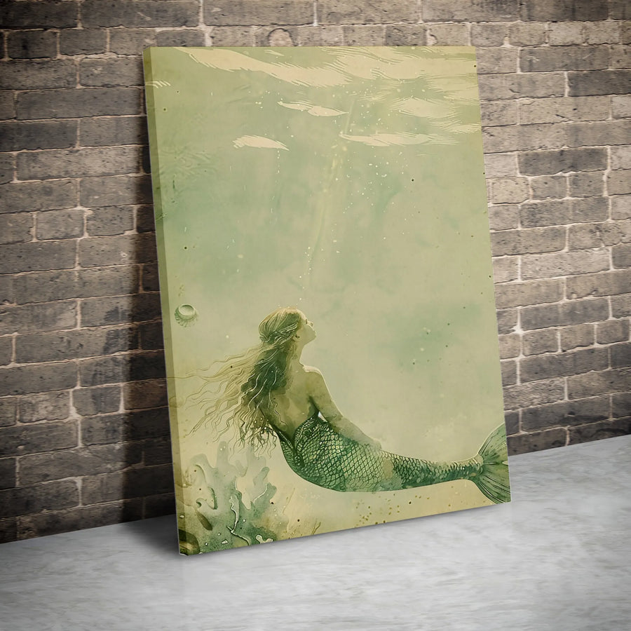 Mermaid Canvas Wall Art | Vintage Underwater Painting Print | Premium Gallery Wrapped Canvas | Nautical Fantasy Home Decor Gift