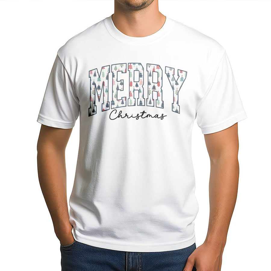 Merry Christmas T-Shirt | Varsity Letter Graphic Tree Pattern | Soft 100% Cotton | Festive Holiday Apparel Gift for Women and Men