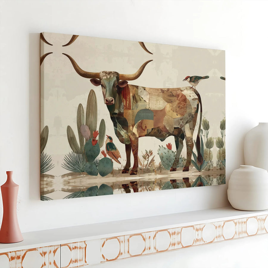 Texas Longhorn Canvas Wall Art | Southwestern Desert Collage Print | Premium Gallery Wrap Decor | Farmhouse Aesthetic Gift for Home