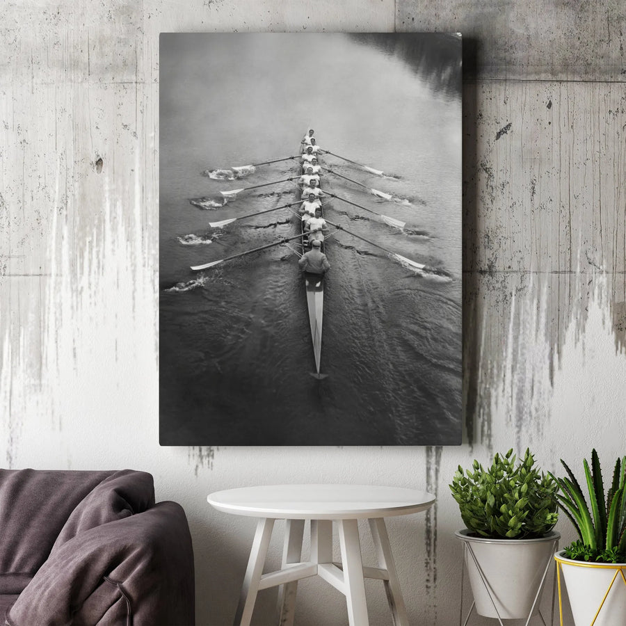 Rowing Team Canvas Wall Art | Vintage Black and White Sports Photography | Premium Gallery Wrap Decor | Gift for Crew Athlete or Rower