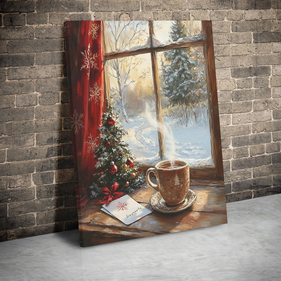 Cozy Christmas Canvas Wall Art | Snowy Window View With Coffee Mug and Holiday Tree | Premium 1.25 inch Gallery Wrap | Festive Seasonal Decor Gift