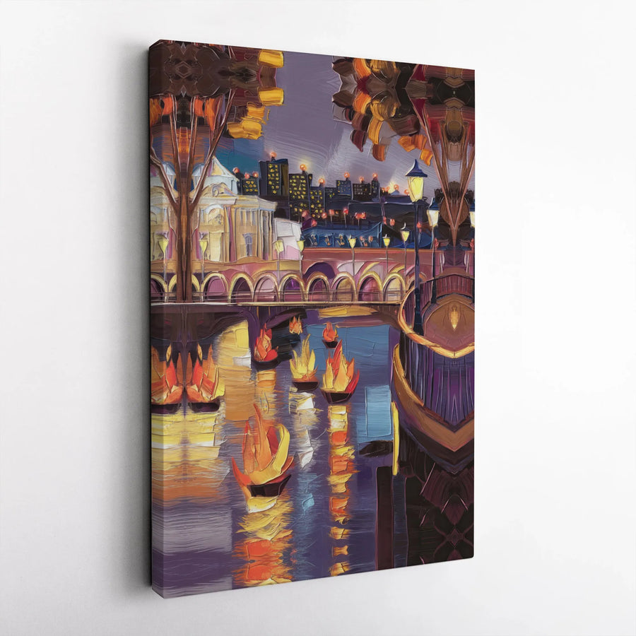 Night River Canvas Wall Art | Impressionist Floating Lanterns Cityscape | Premium Gallery Wrapped Decor | Ready To Hang Modern Home Gift