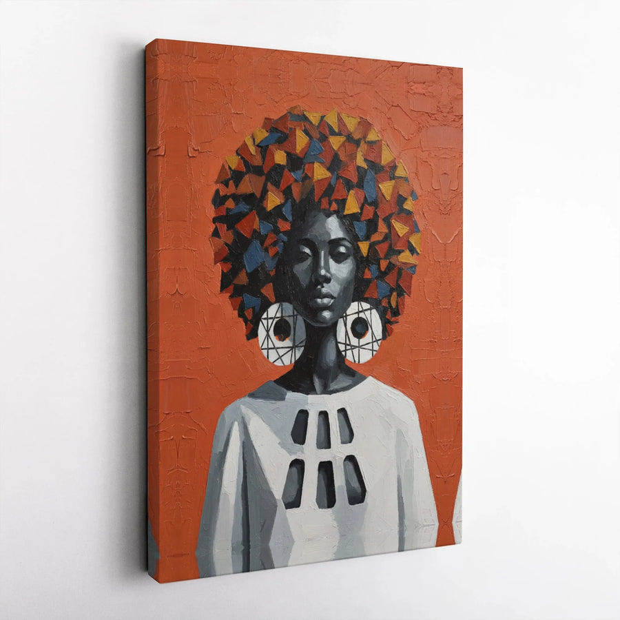 African American Wall Art | Abstract Black Woman Portrait with Geometric Afro | Premium Canvas Print | Modern Afrocentric Home Decor Gift