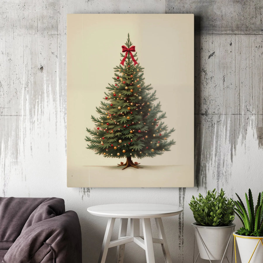 Vintage Christmas Tree Canvas Wall Art | Red Bow Topper Festive Decor | 1.25 Inch Gallery Wrap | Holiday Home Interior Gift