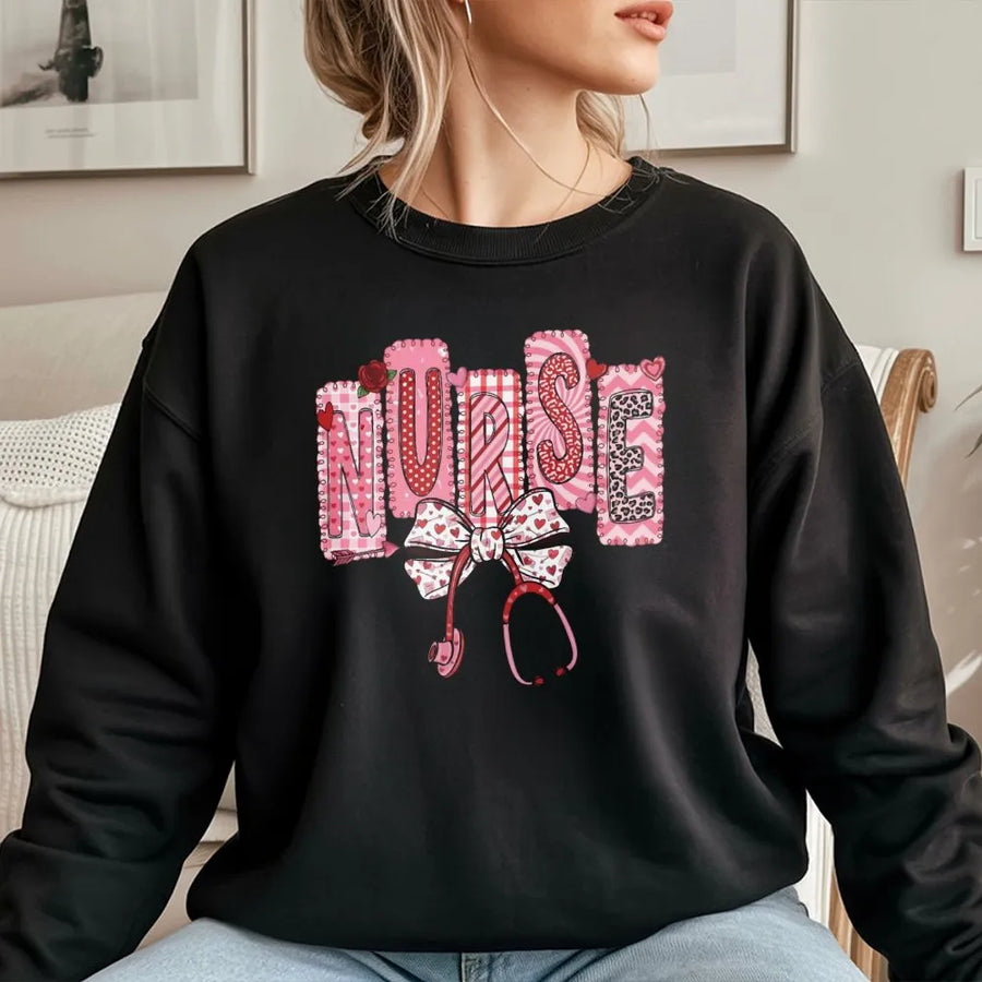 Nurse Valentine Sweatshirt | Coquette Aesthetic Stethoscope Bow Print | Premium Cotton Blend | Gift For Nursing Students And RNs