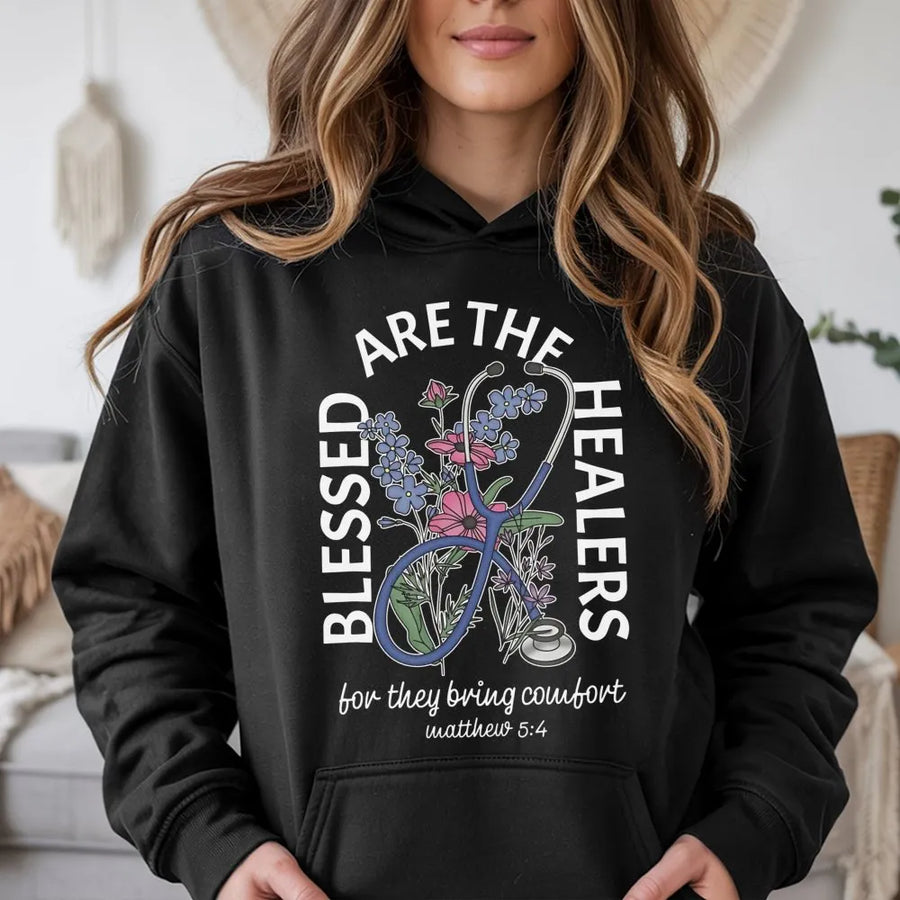 Blessed Are The Healers Hoodie | Stethoscope Floral Bible Verse Design | Premium Cotton-Blend | Christian Nurse Graduation Gift Idea