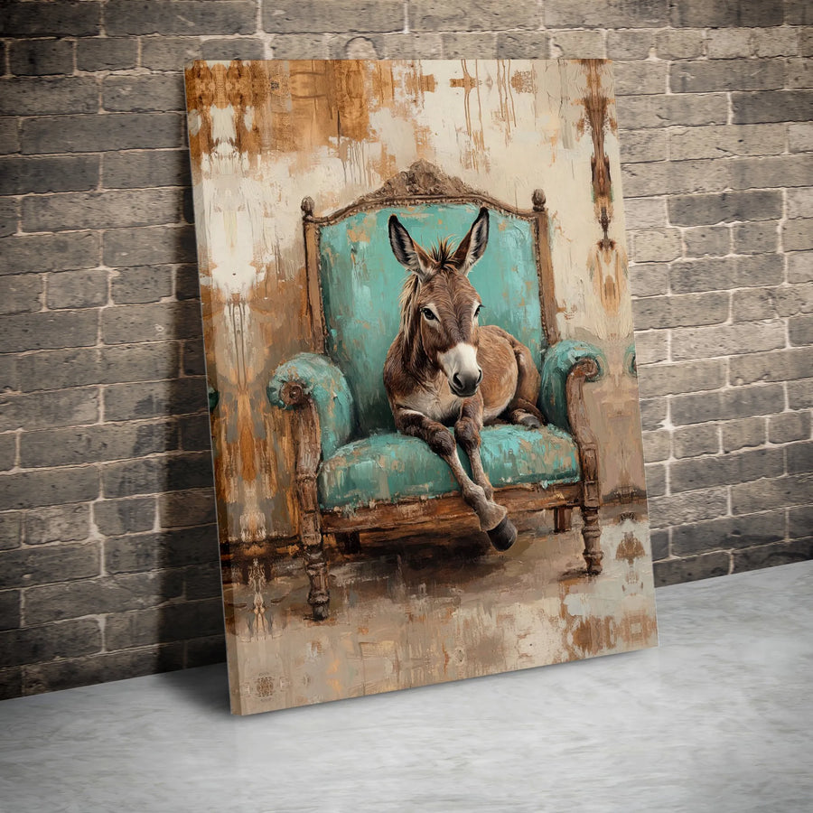 Donkey Wall Art Canvas | Whimsical Animal Sitting in Vintage Turquoise Armchair | Premium Gallery Wrap Print | Funny Farmhouse Decor Gift for Animal Lovers