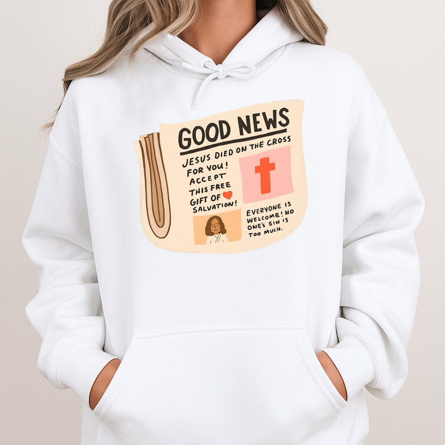 Good News Christian Hoodie | Jesus Newspaper Graphic Design | Premium Cotton Blend Pullover | Meaningful Religious Gift for Men and Women