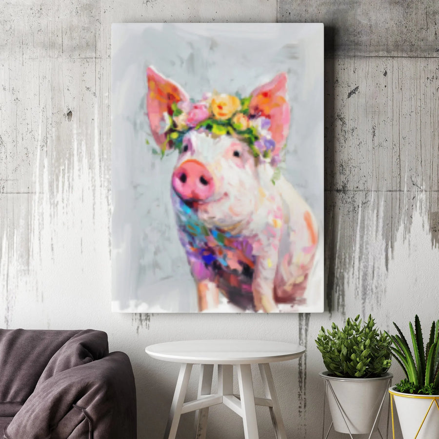 Colorful Pig Canvas Wall Art | Smiling Piglet with Flower Crown Painting | Premium Gallery Wrap 1.25 Inch | Farmhouse Decor for Animal Lovers