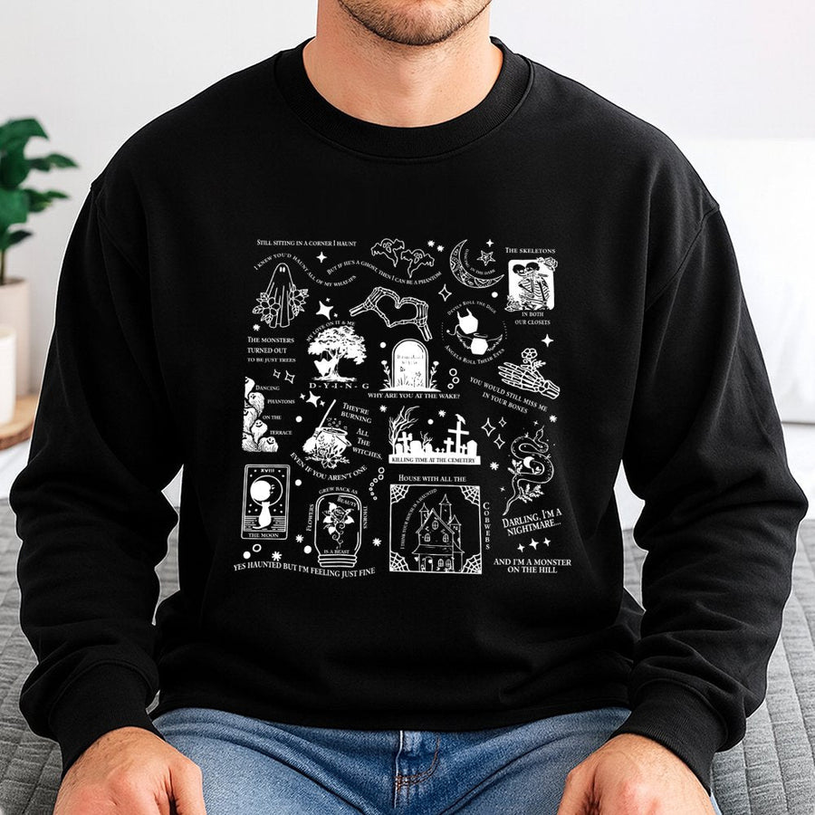 Spooky Aesthetic Graphic Sweatshirt | Haunted House Halloween Lyrics Design | Soft Cotton Blend Unisex Pullover | Alternative Indie Ghost Gift