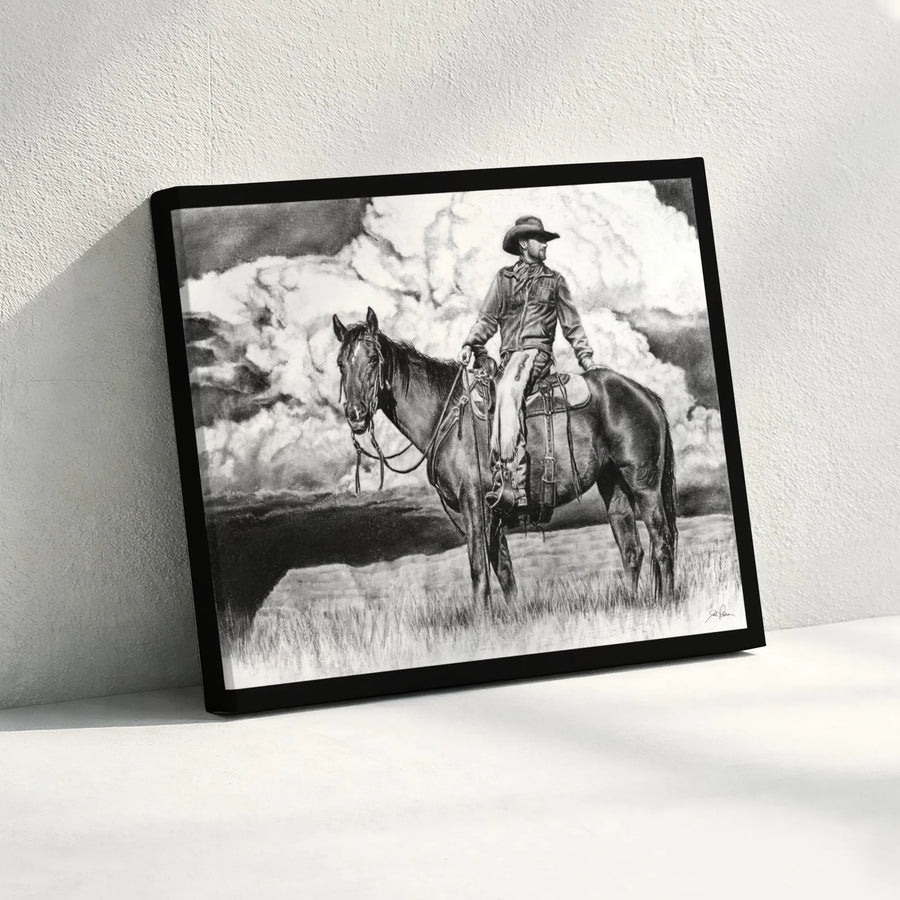 Western Cowboy on Horseback Wall Art | Charcoal Pencil Drawing Style | Premium Gallery Wrap Canvas | Rustic Home Decor Gift for Him
