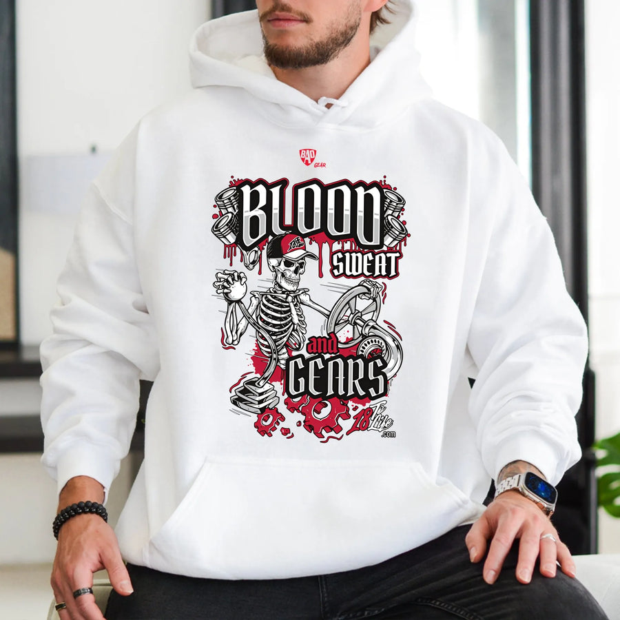 Blood Sweat And Gears Hoodie | Skeleton Mechanic Graphic Print | Premium Cotton-Blend | Gift For Truckers Diesel Mechanics And Gearheads