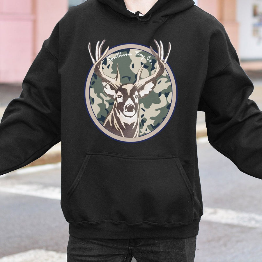 Deer Hunting Hoodie | Camo Buck Head Graphic Print | Premium Cotton Blend Sweatshirt | Wildlife Outdoors Gift For Hunter